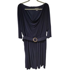 Jessica Howard Dress 18W Belted A-line Navy Blue Work 3/4 Sleeve Knee Length‎